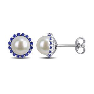 1/3 Carat (ctw) Blue Sap and Freshwater Cultured Pearl Halo Stud Earrings Silver